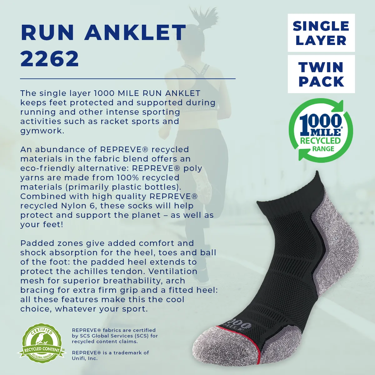 1000 Mile Run Anklet Repreve Single Layer Sock Twin Pack Black