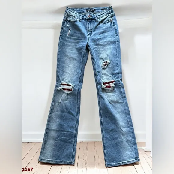 1167 Judy Blue Boot Cut Distressed Jeans 3/26 Plaid Patchwork Western Glamour