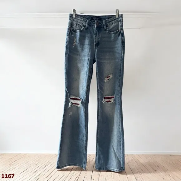 1167 Judy Blue Boot Cut Distressed Jeans 3/26 Plaid Patchwork Western Glamour