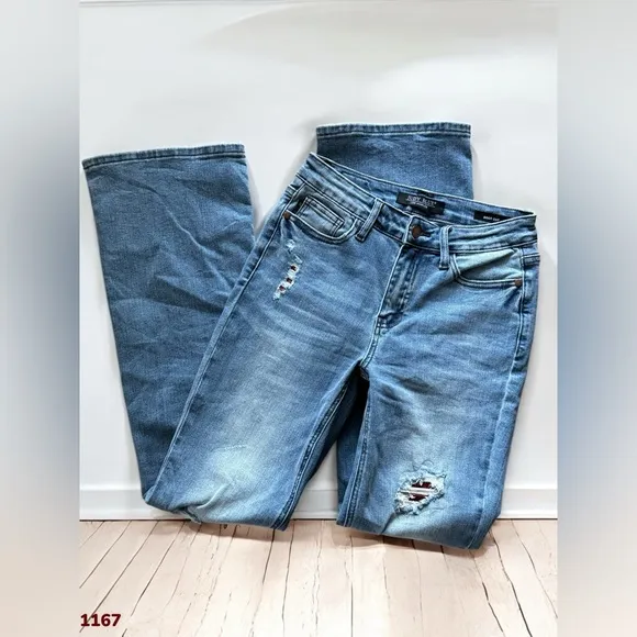 1167 Judy Blue Boot Cut Distressed Jeans 3/26 Plaid Patchwork Western Glamour
