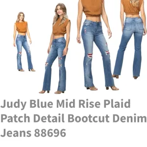 1167 Judy Blue Boot Cut Distressed Jeans 3/26 Plaid Patchwork Western Glamour