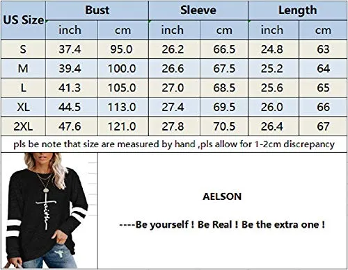 AELSON Womens Long Sleeve Sweatshirts Crewneck Color Block Sweaters Tunic Tops Faith Print Shirts