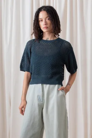 Ali Golden Open Knit T-Shirt in Deep Teal