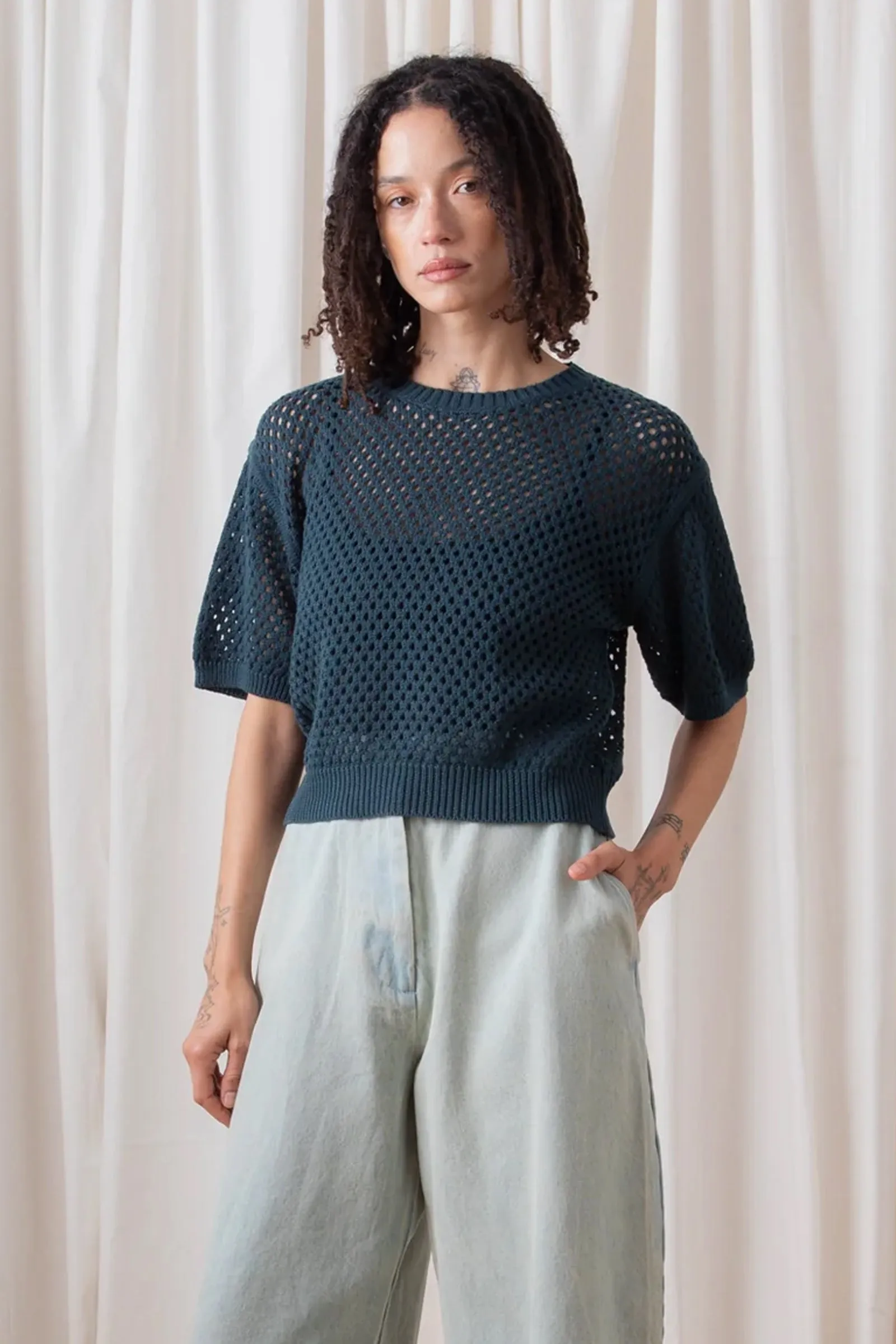 Ali Golden Open Knit T-Shirt in Deep Teal