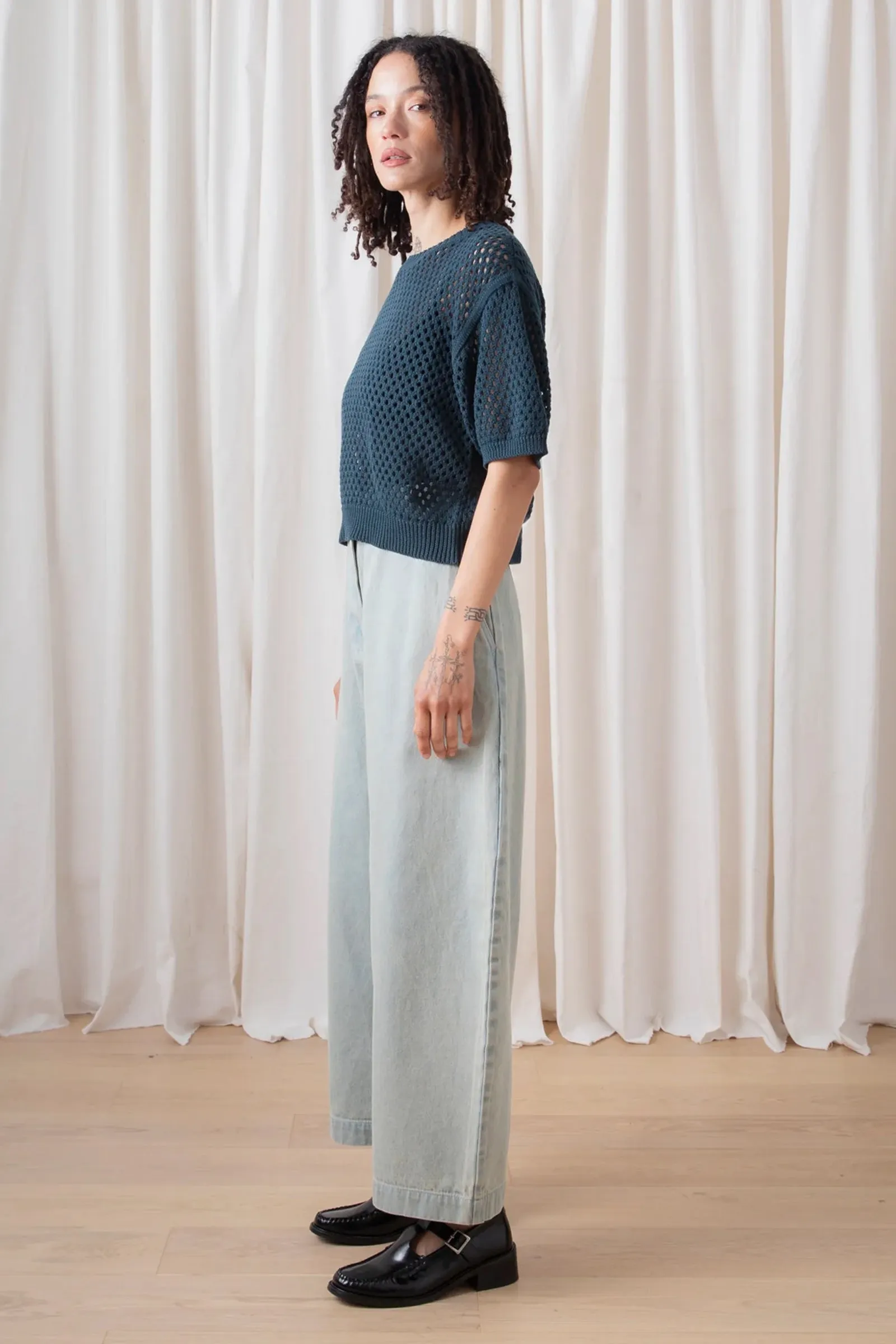 Ali Golden Open Knit T-Shirt in Deep Teal