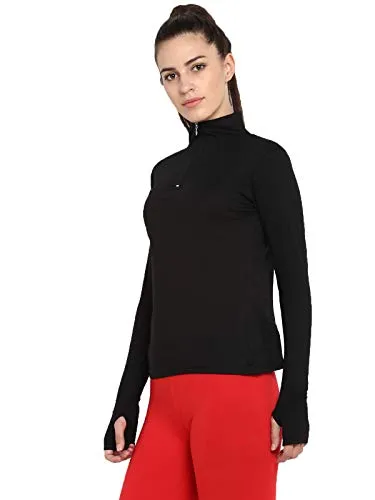 Ap'pulse Women's Long Sleeve Thumbopen 1/4 Zip Hi Neck Tshirt Black