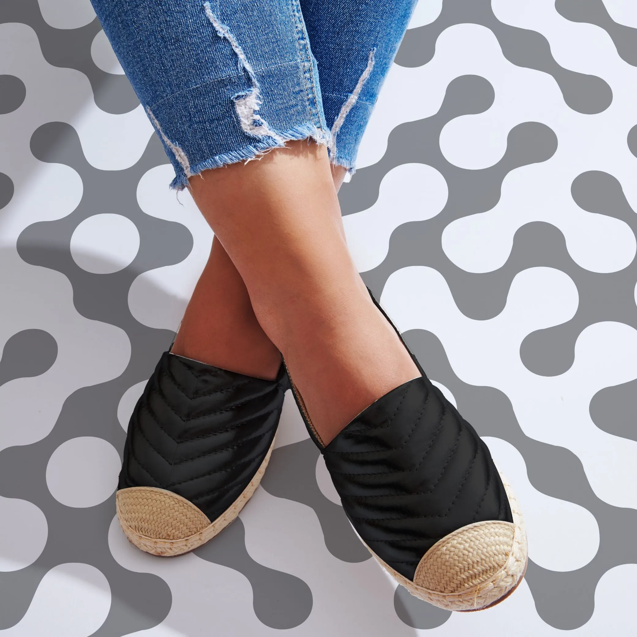 Çarpıcı | Shiny Stitched Pattern Espadrilles - Black