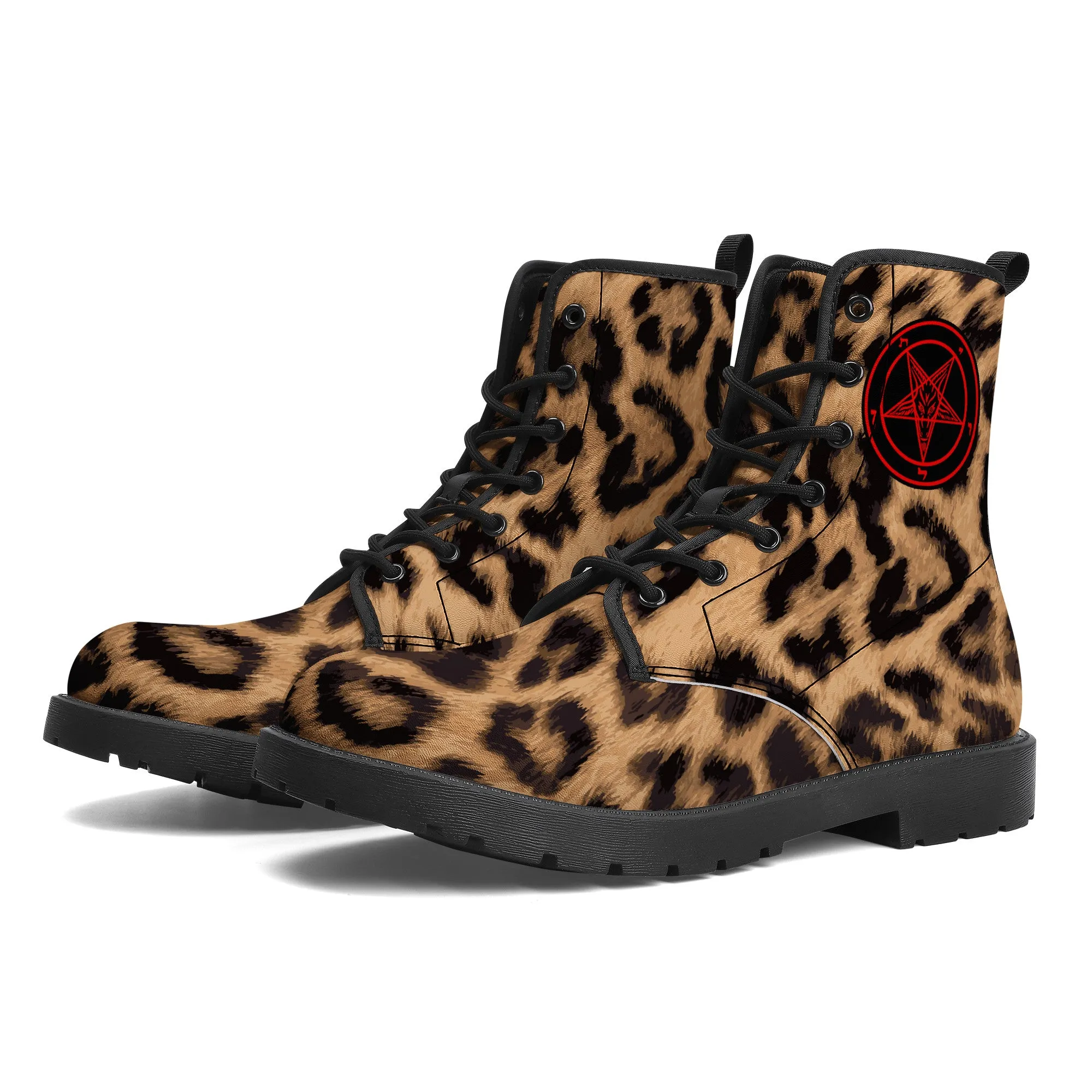 Baphomet Pentagram Leopard Print / Faux Leather Unisex Boots