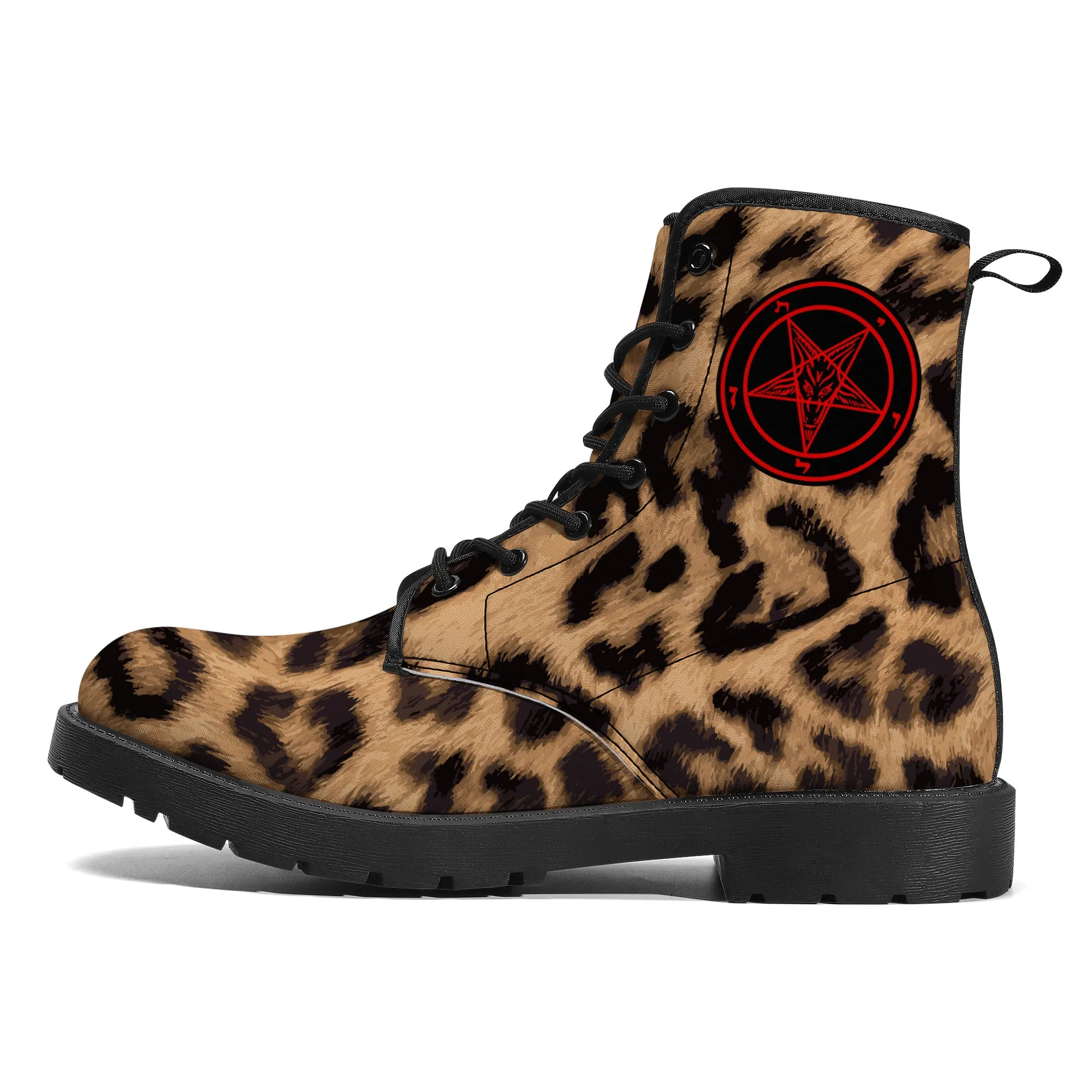 Baphomet Pentagram Leopard Print / Faux Leather Unisex Boots