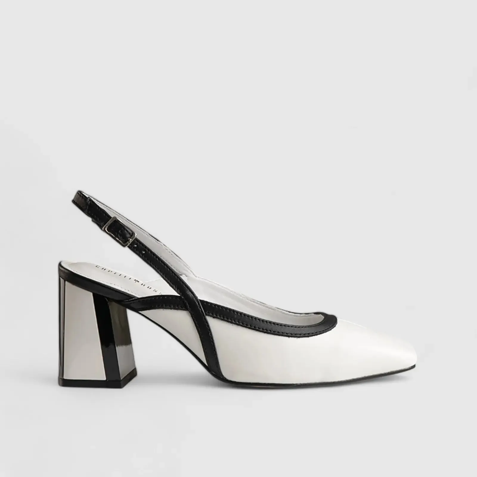 Block Heel Court Slingback White/Black 11201