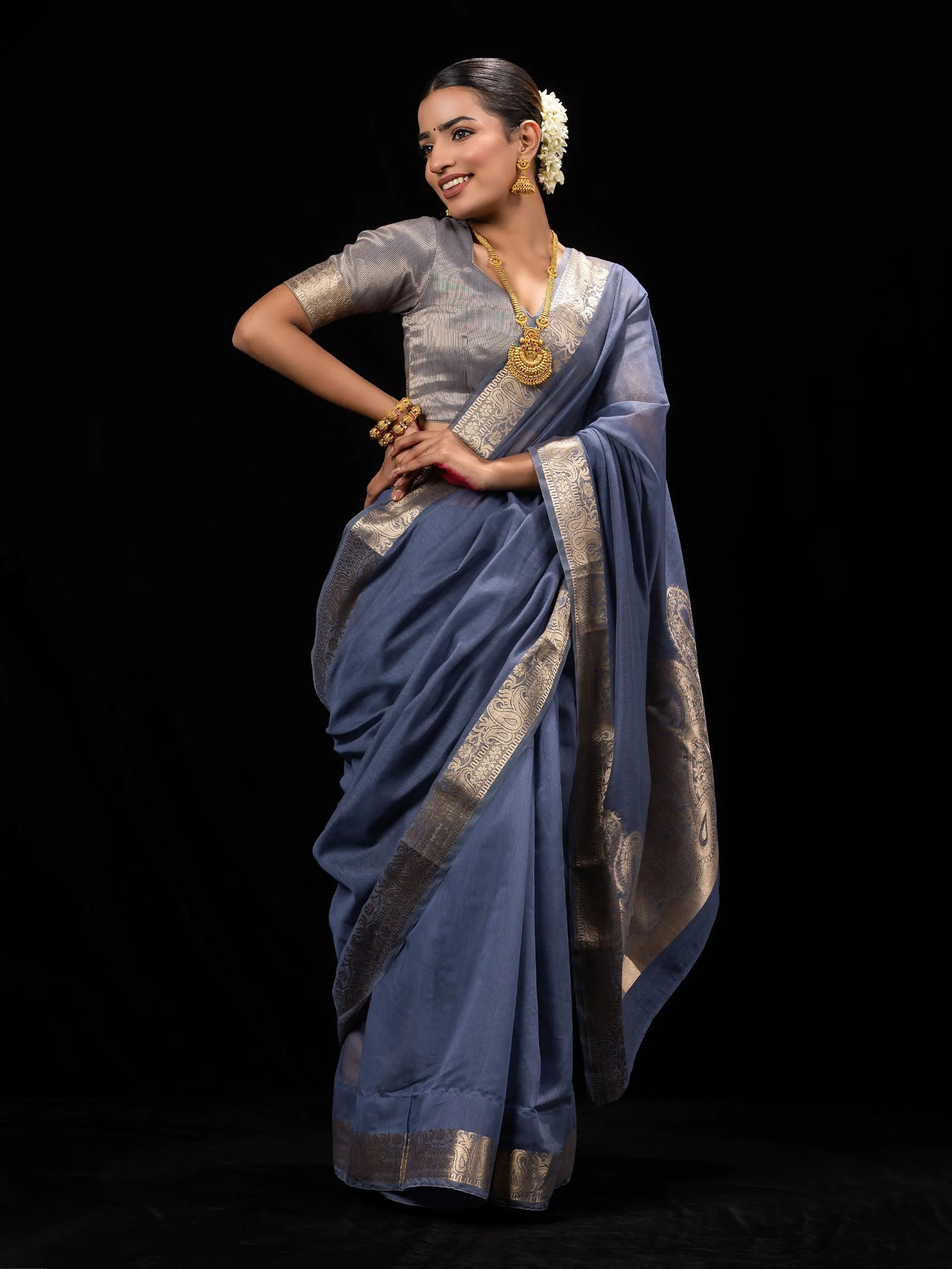 Blue Cloud Gold Paisley Pallu Soft Saree with Blouse Fabric