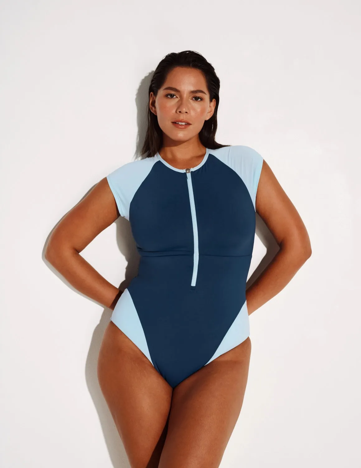 Cap-Sleeve One Piece Swimsuit - Color Block