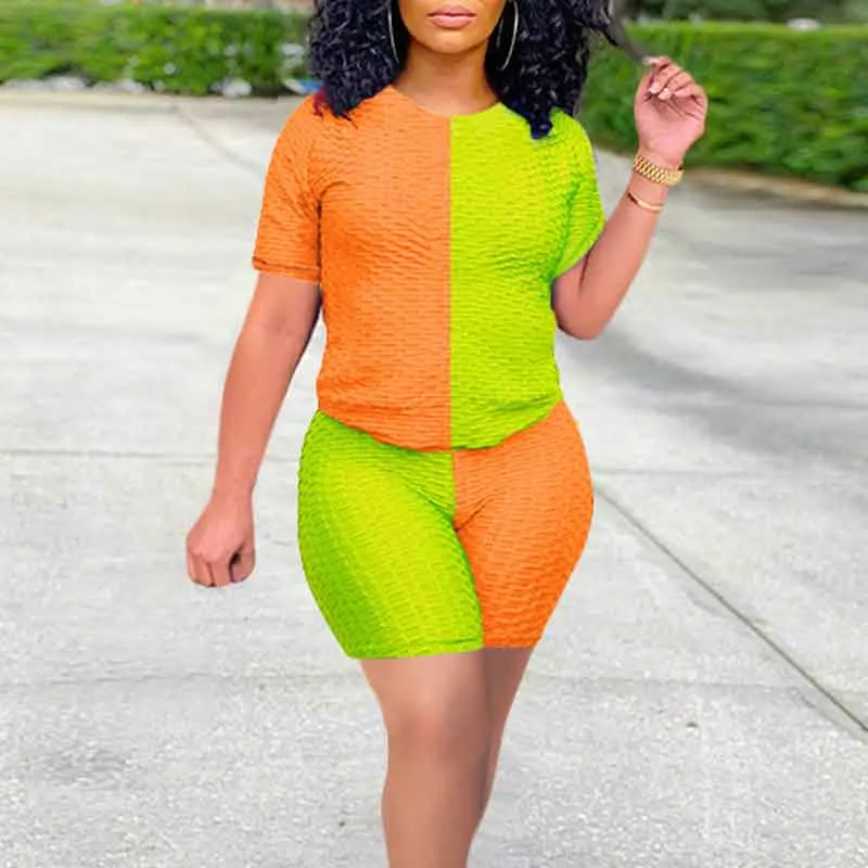 Colorblock Short Sleeve 2PCS Yoga Sports Set