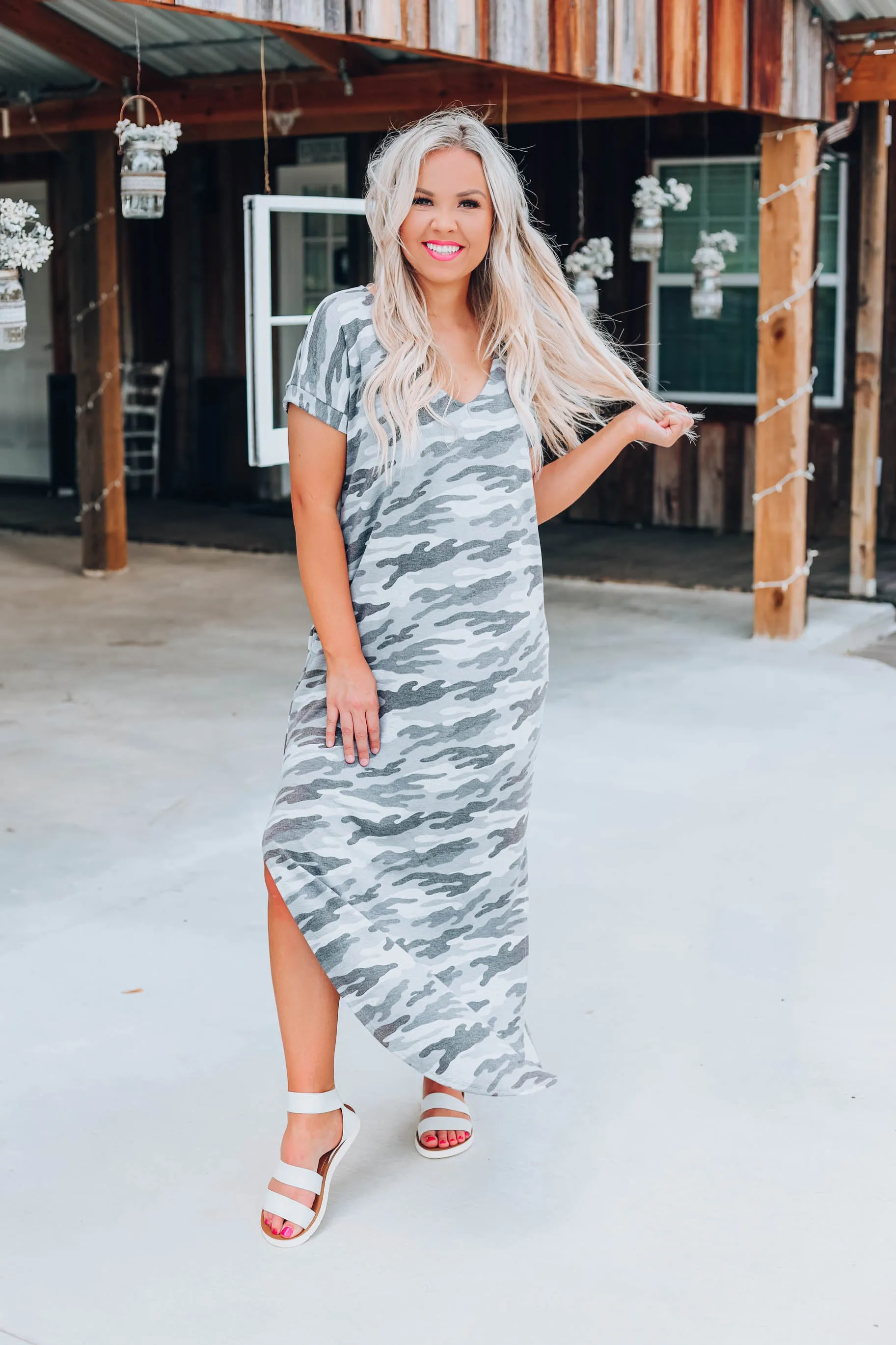 Country Roads Camo Maxi Dress - Grey