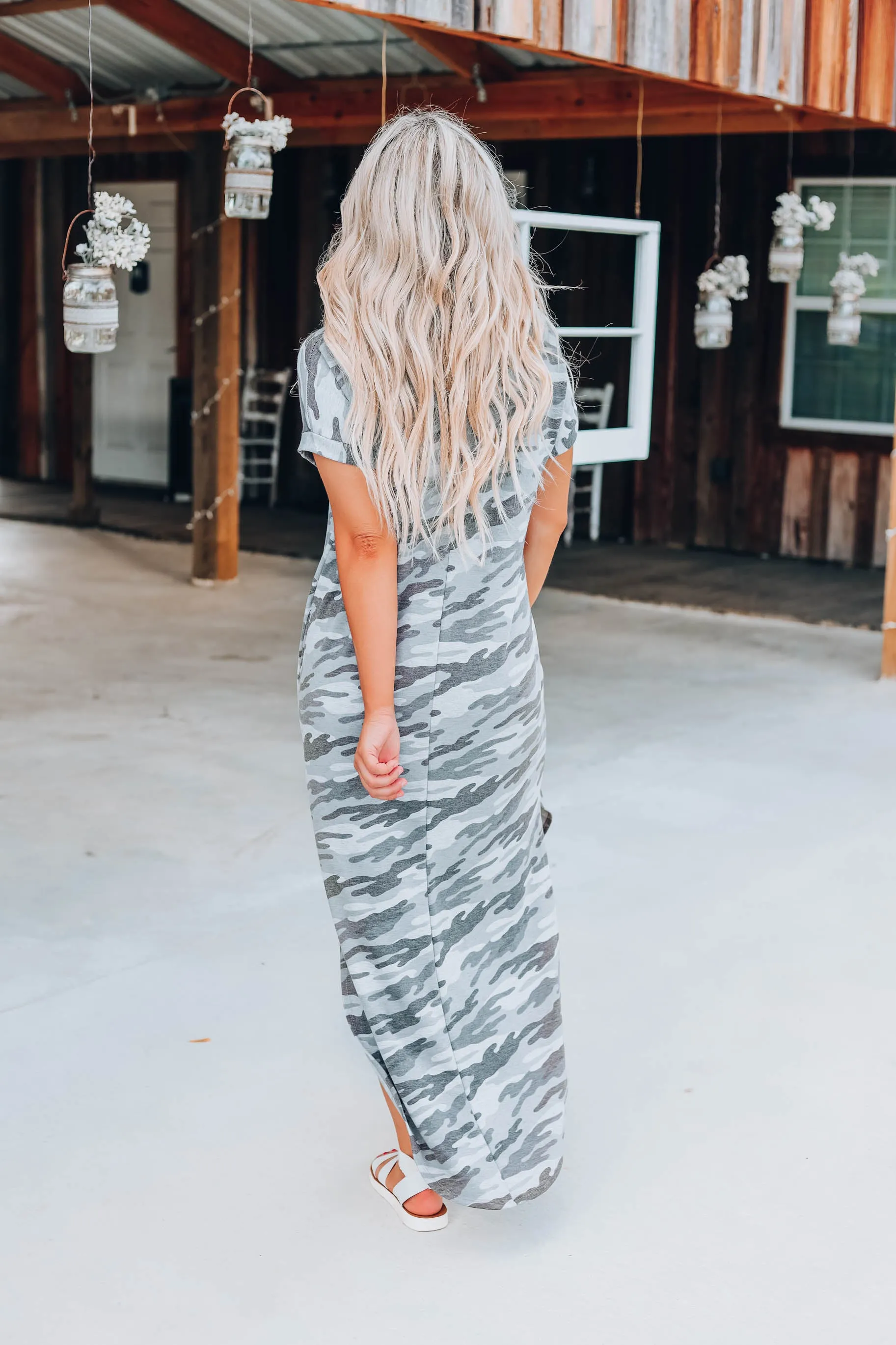 Country Roads Camo Maxi Dress - Grey
