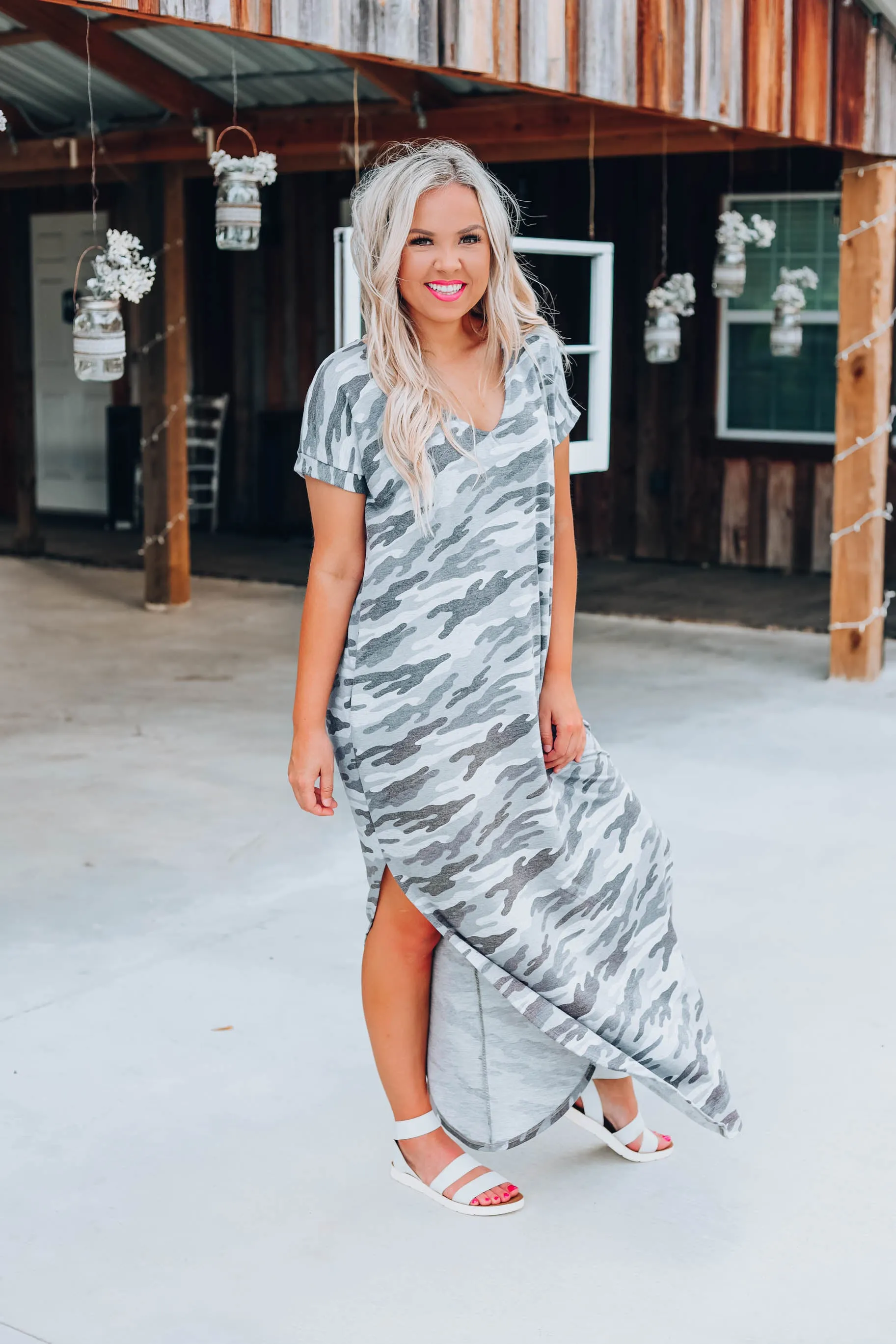 Country Roads Camo Maxi Dress - Grey