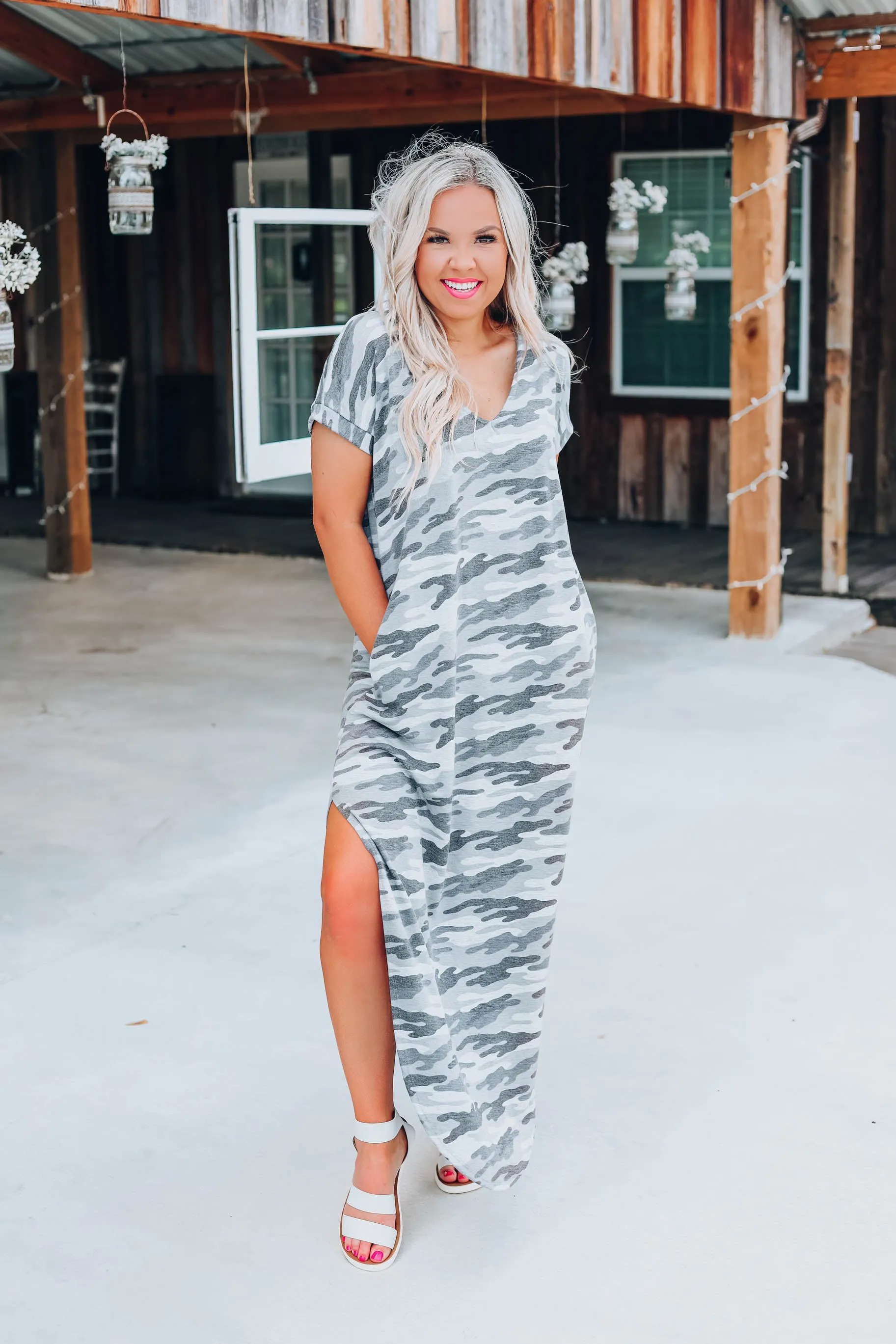 Country Roads Camo Maxi Dress - Grey
