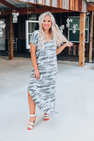Country Roads Camo Maxi Dress - Grey