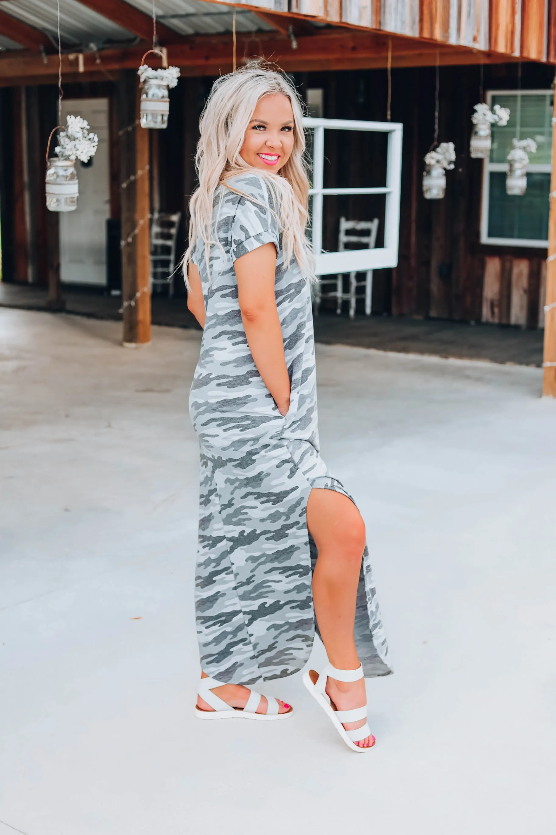 Country Roads Camo Maxi Dress - Grey