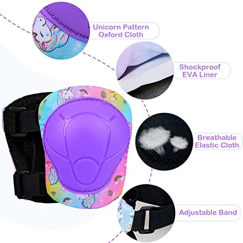 FIODAY Knee Pads for Kids Unicorn Protective Gear Set Adjustable Knee Pads and Elbow Pads with Wrist Guard for Girls Roller Skates Cycling Bike Skateboard Inline Skatings Scooter, 3~8 Years