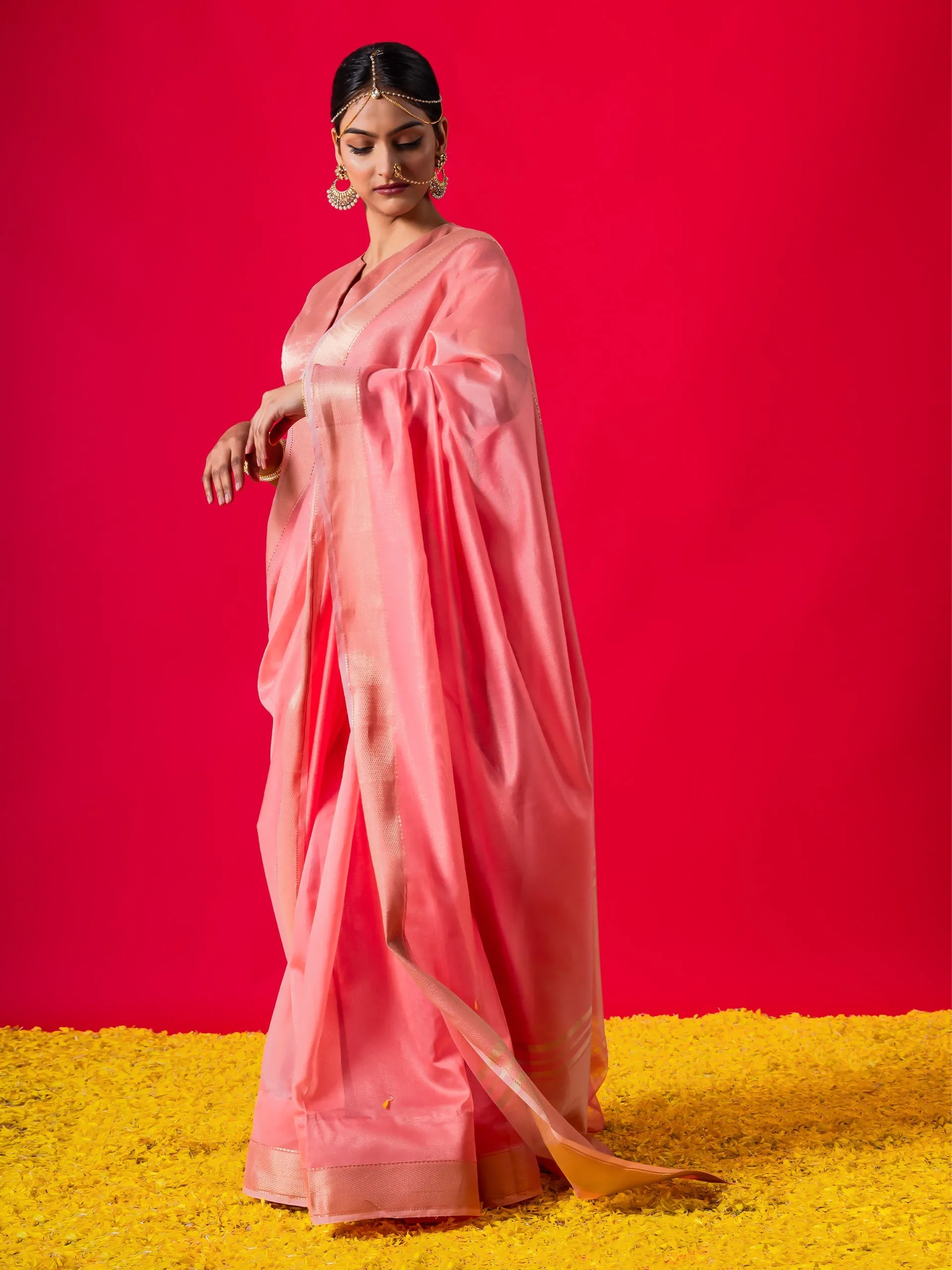 Flamingo Pink Gold Metallic Saree with Blouse Fabric