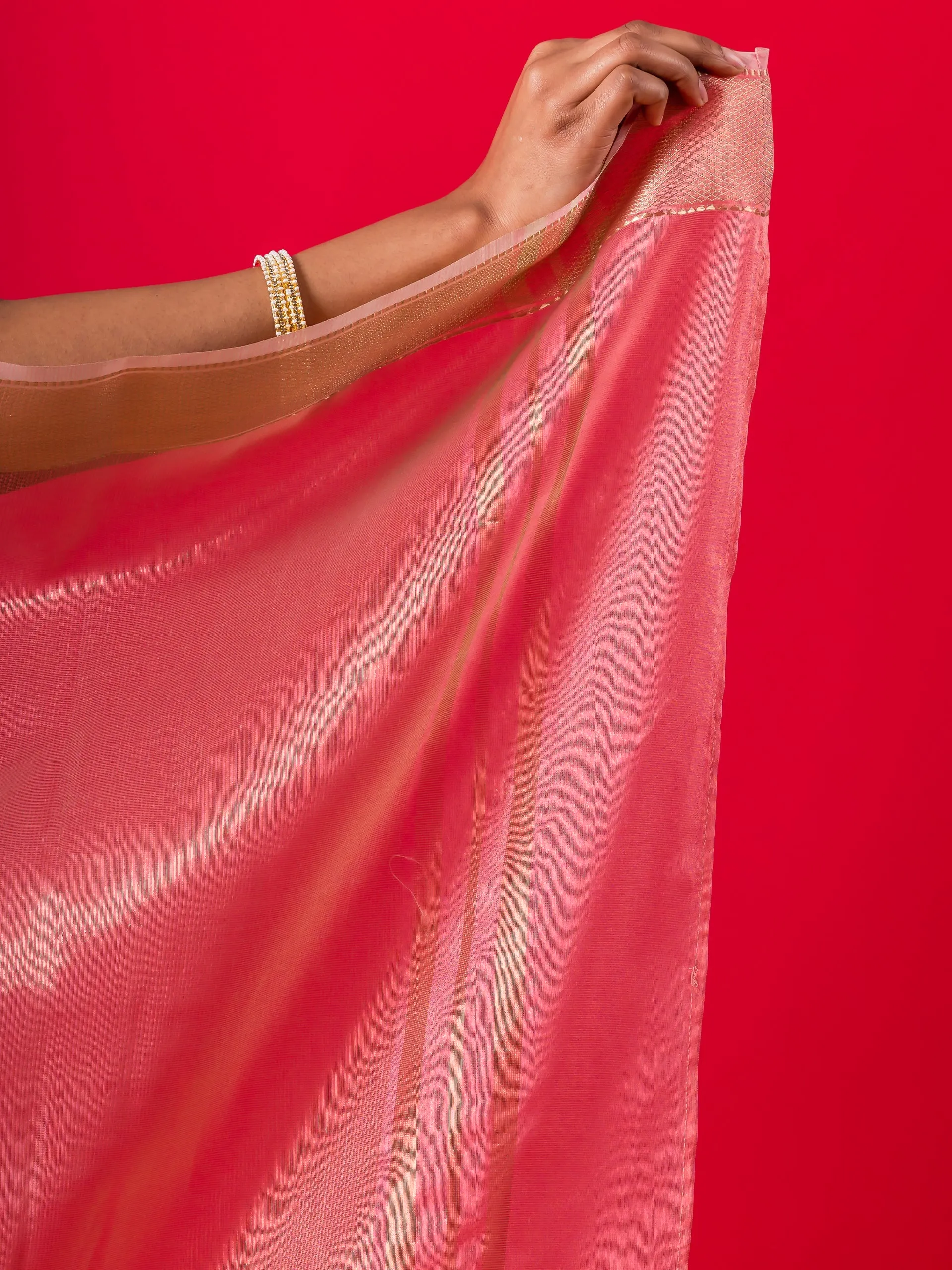 Flamingo Pink Gold Metallic Saree with Blouse Fabric