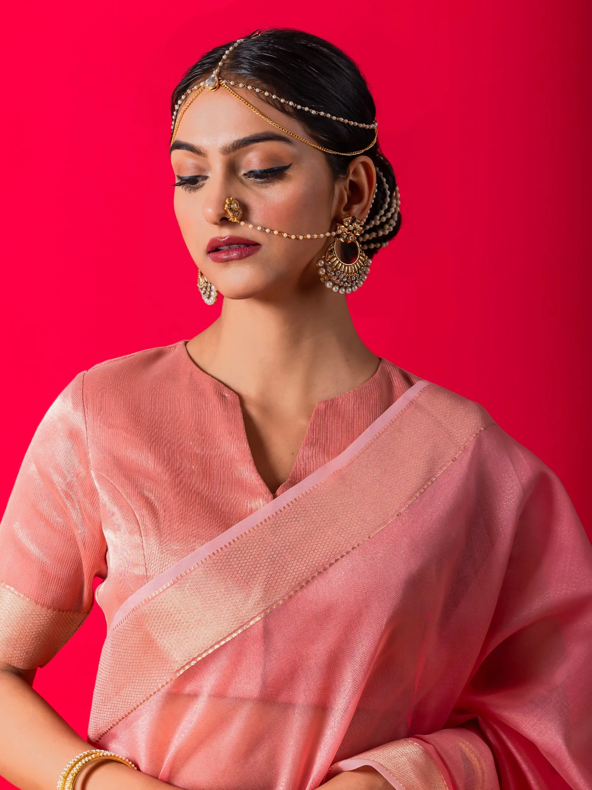 Flamingo Pink Gold Metallic Saree with Blouse Fabric