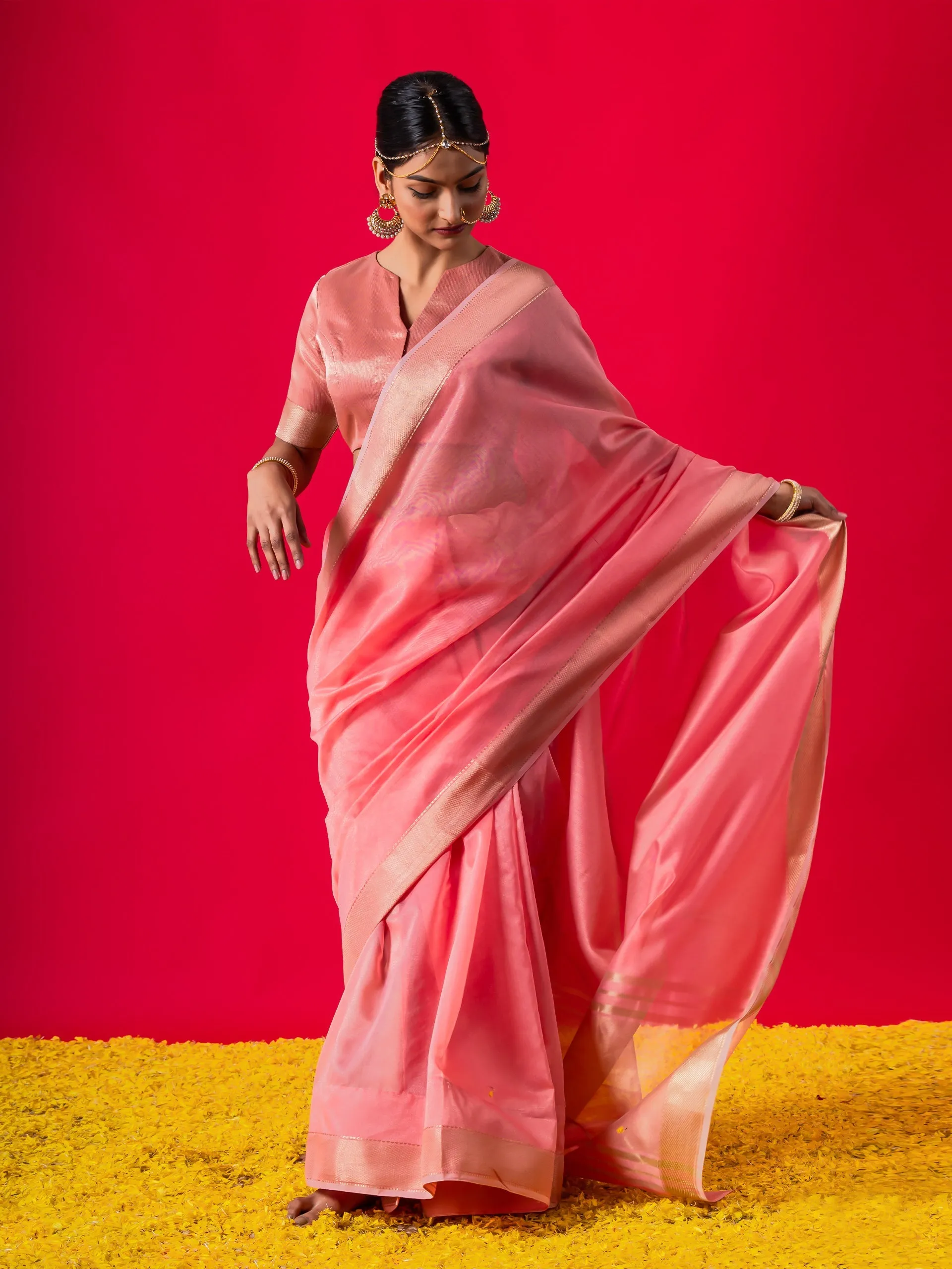 Flamingo Pink Gold Metallic Saree with Blouse Fabric
