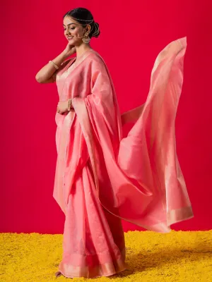 Flamingo Pink Gold Metallic Saree with Blouse Fabric