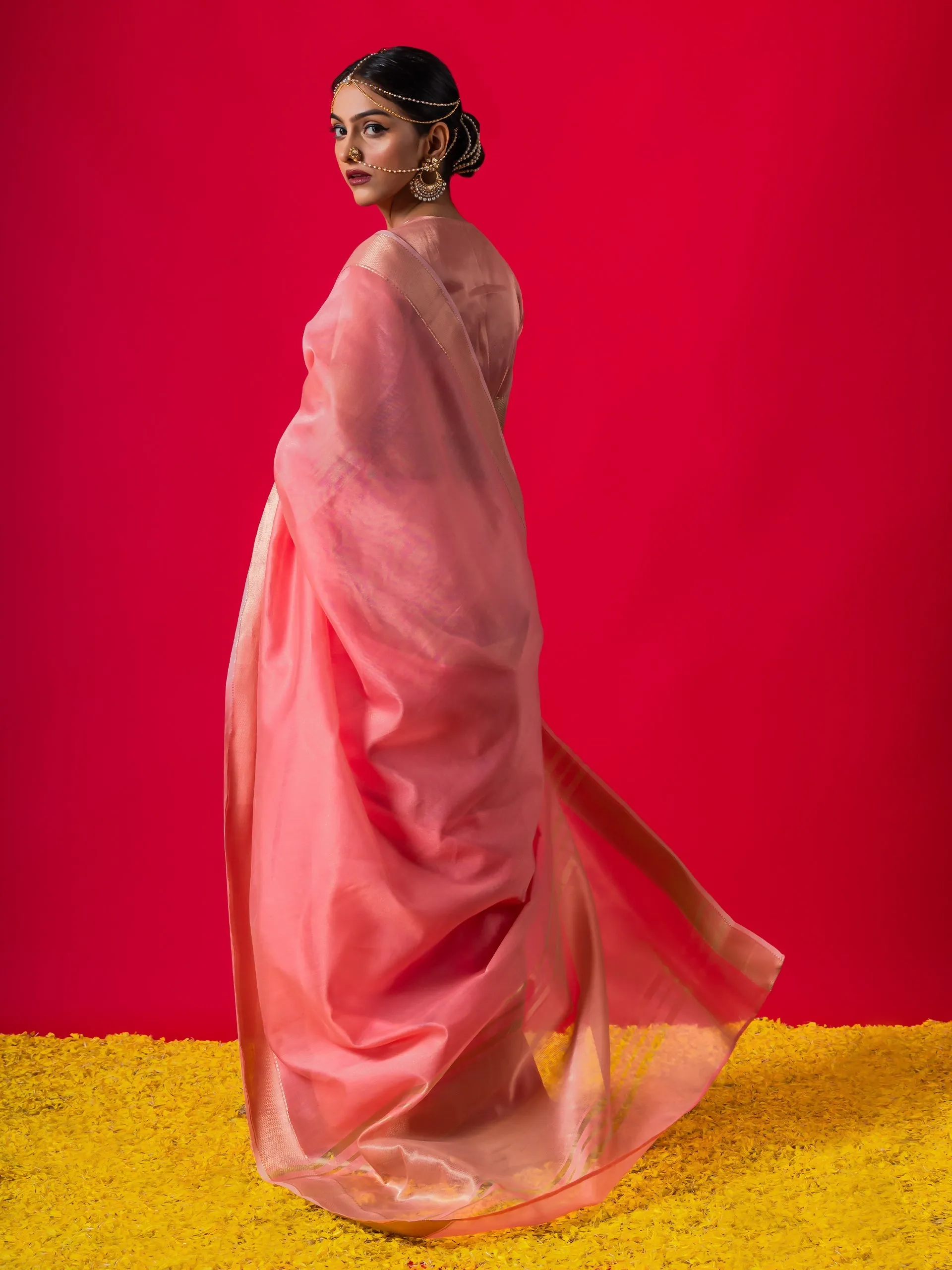Flamingo Pink Gold Metallic Saree with Blouse Fabric