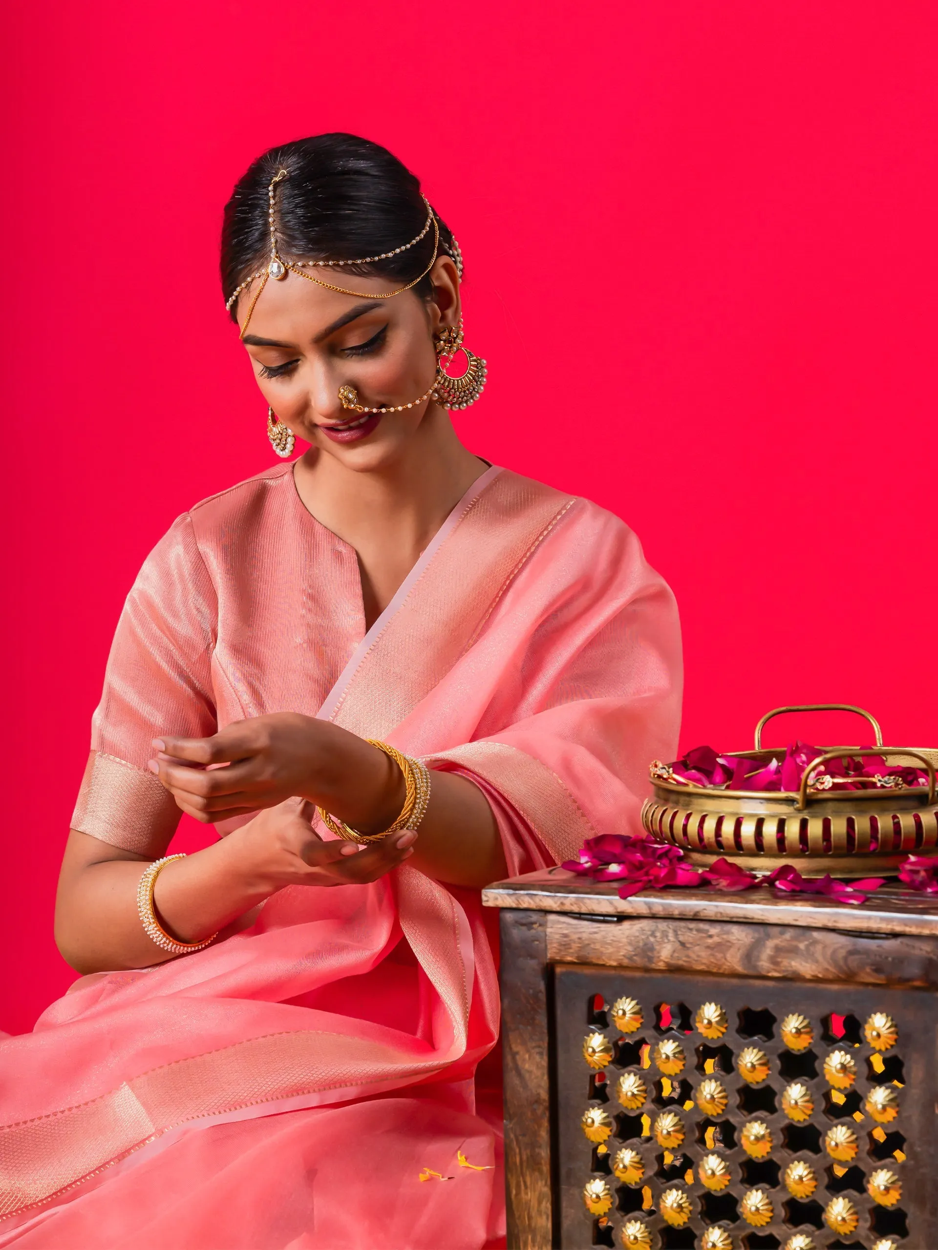 Flamingo Pink Gold Metallic Saree with Blouse Fabric