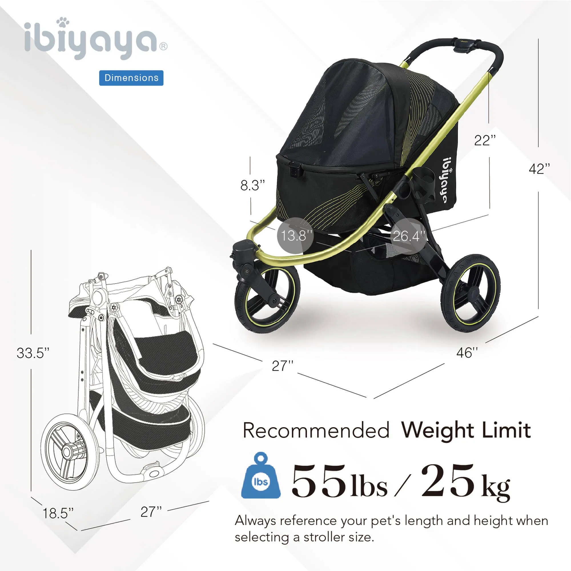 Ibiyaya - Beast Pet Jogging Stroller, 3-Wheel All-Terrain Dog-Cat Pram