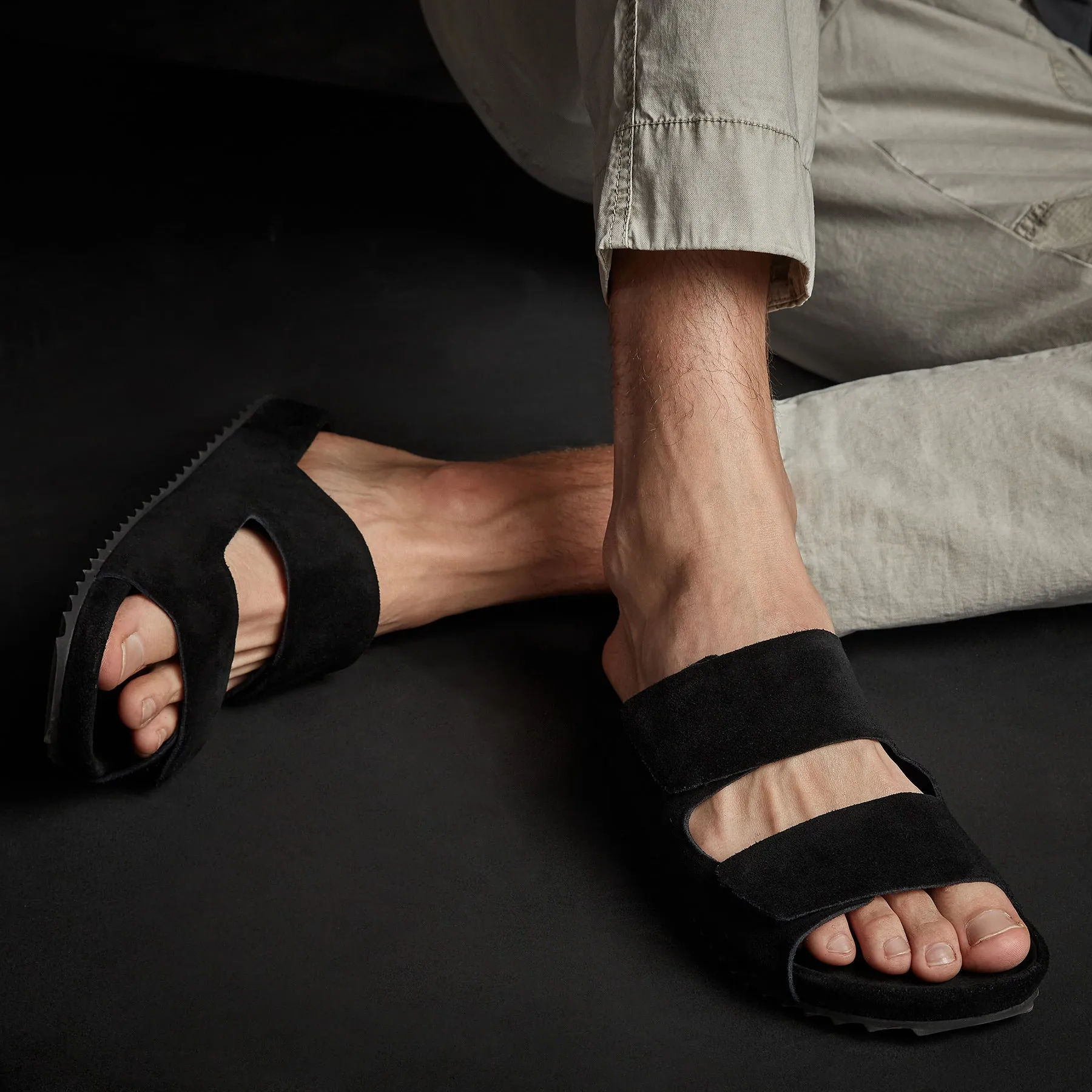 Men's Double Strap Suede Slide - Black