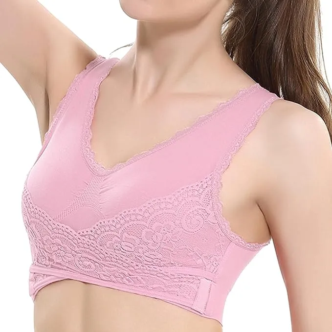 New Women Comfort Wireless Lace Lift Bra Classic Front Cross Side Buckle Yoga Sports Lace Bra, Pink, Sz 2X