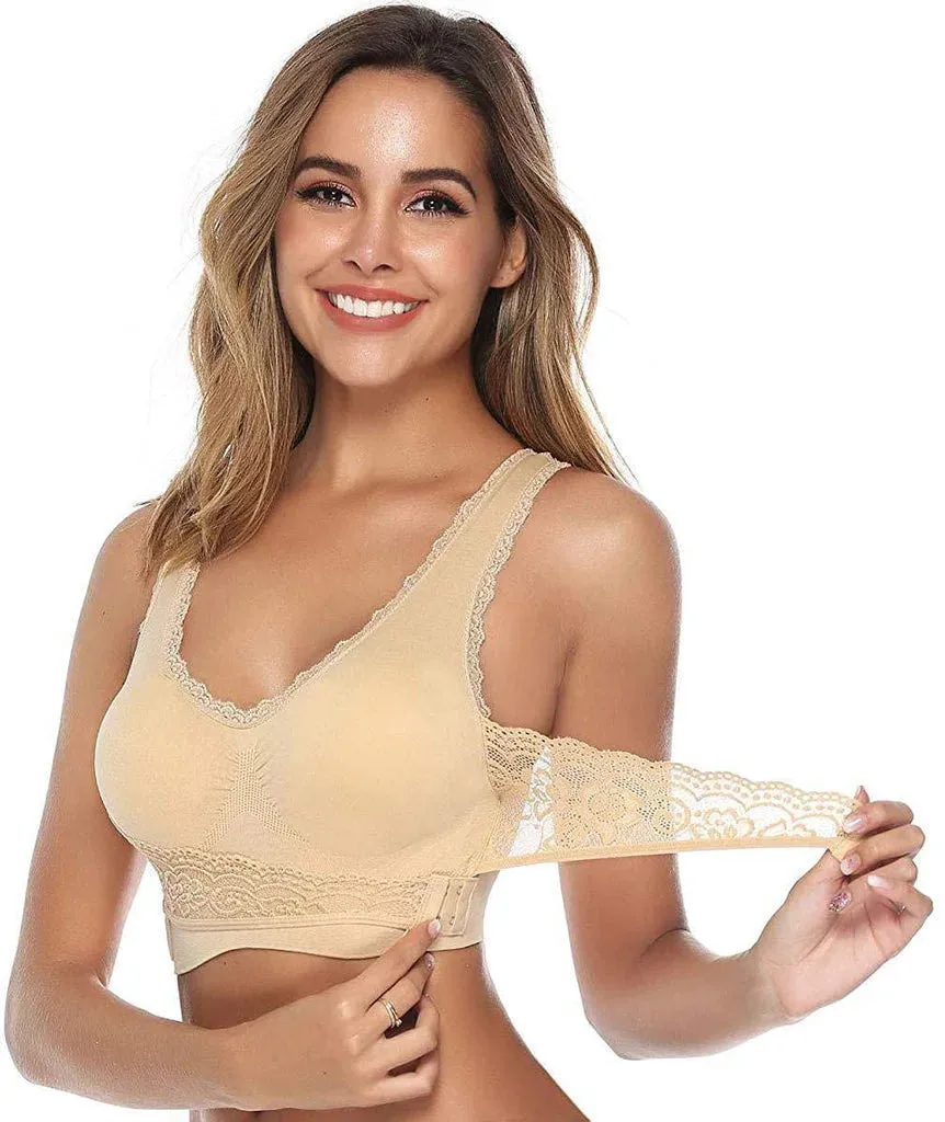 New Women Comfort Wireless Lace Lift Bra Classic Front Cross Side Buckle Yoga Sports Lace Bra, Pink, Sz 2X