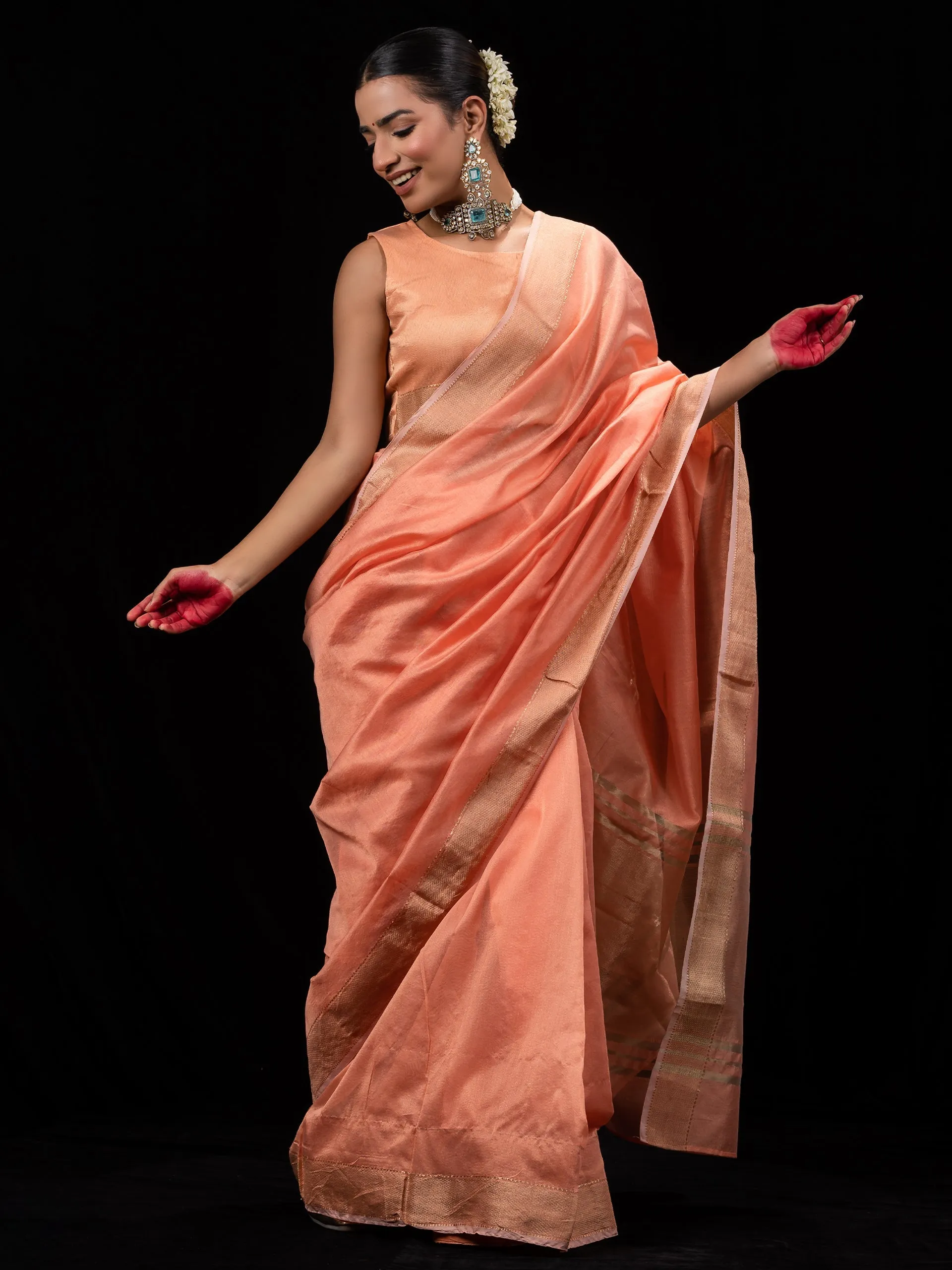 Peach Gold metallic Soft Fabric Saree with Blouse Fabric