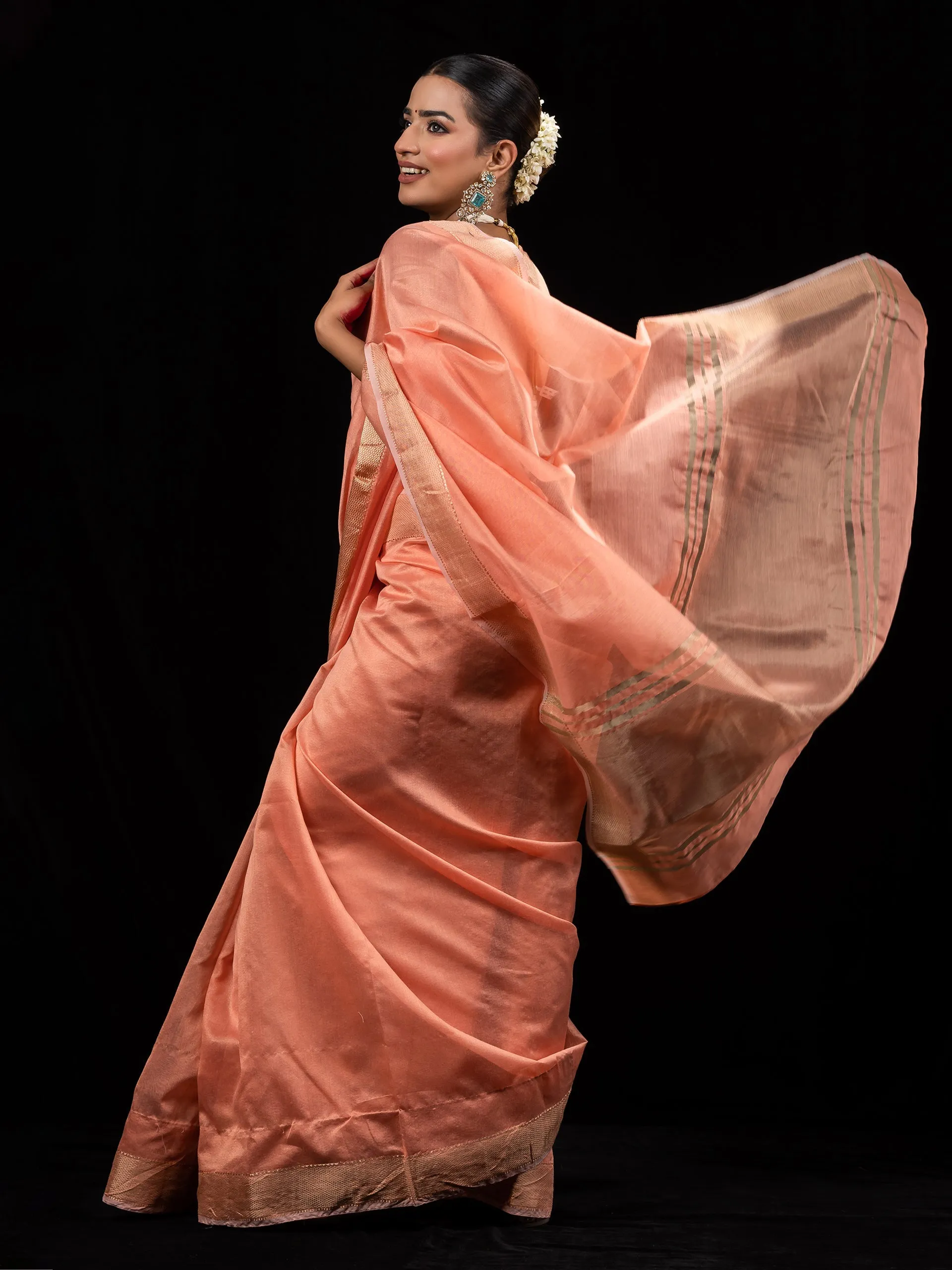 Peach Gold metallic Soft Fabric Saree with Blouse Fabric