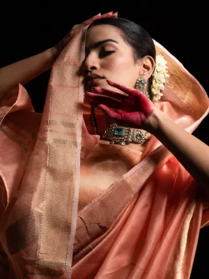 Peach Gold metallic Soft Fabric Saree with Blouse Fabric