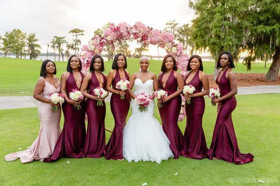 Sexy Burgundy Mermaid Halter V-neck Cheap Long Bridesmaid Dresses,WG1479