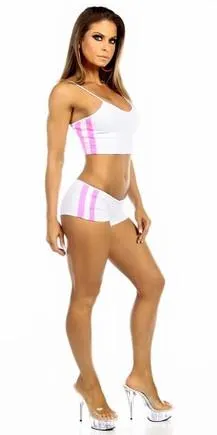 Sexy Neon Trim Warm Up Triple Stripe Work Out Fitness Crop Top - White/Hot Pink