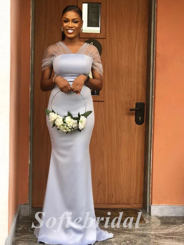 Sexy Soft Satin And Tulle Cap Sleeves Mermaid Floor Length Bridesmaid Dresss,SFWG00494
