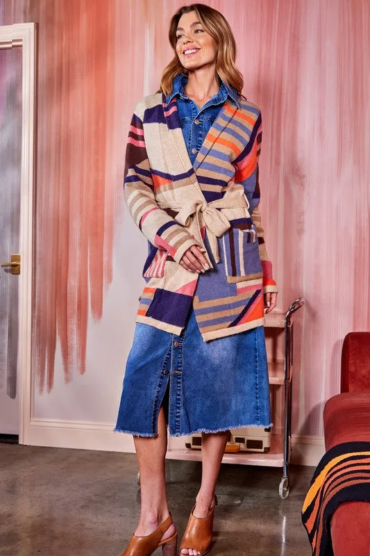 The "Maven" Multi Colored Knitted Cardigan w/Belt & Pockets
