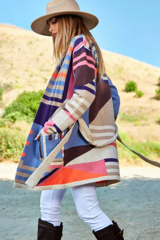 The "Maven" Multi Colored Knitted Cardigan w/Belt & Pockets