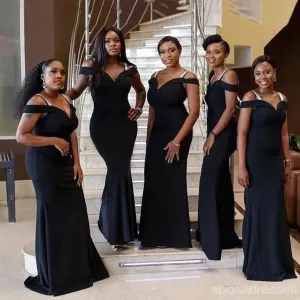 Unique Mermaid Black Off The Shoulder V-Neck Long Bridesmaid Dresses Gown,WG1056