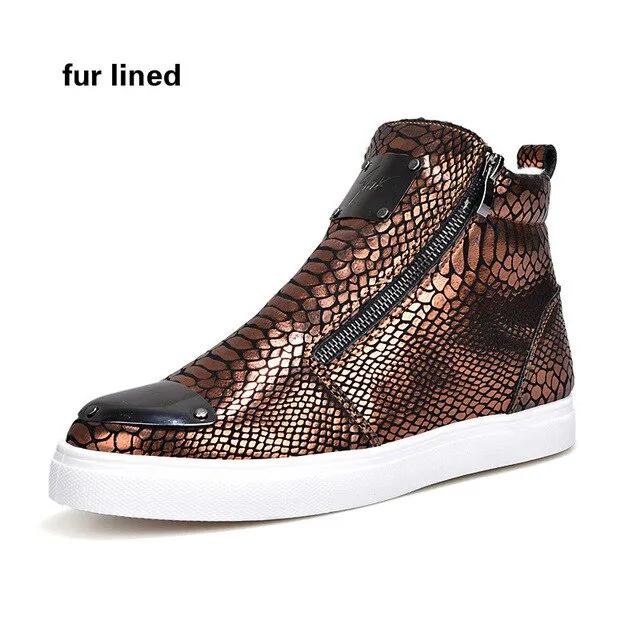 Winter Shoes Men Fashion Bling High Top Zipper Men Sneakers Height Increasing PU Leather Fur Lined Cotton Men Shoes Size 39-44