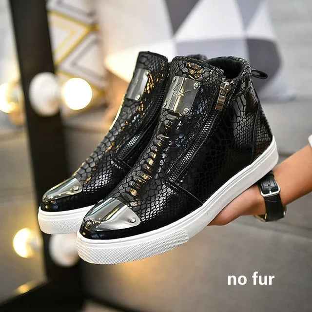 Winter Shoes Men Fashion Bling High Top Zipper Men Sneakers Height Increasing PU Leather Fur Lined Cotton Men Shoes Size 39-44