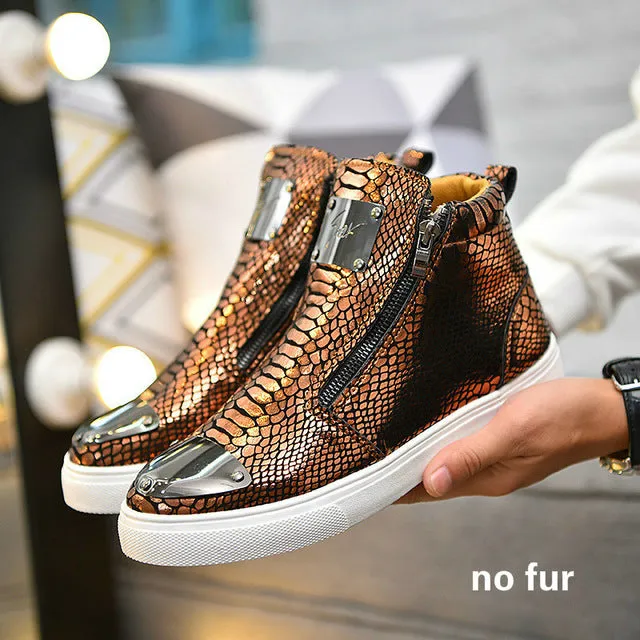 Winter Shoes Men Fashion Bling High Top Zipper Men Sneakers Height Increasing PU Leather Fur Lined Cotton Men Shoes Size 39-44