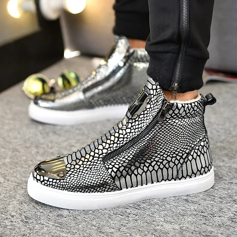 Winter Shoes Men Fashion Bling High Top Zipper Men Sneakers Height Increasing PU Leather Fur Lined Cotton Men Shoes Size 39-44