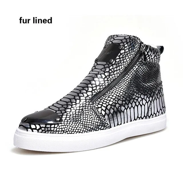Winter Shoes Men Fashion Bling High Top Zipper Men Sneakers Height Increasing PU Leather Fur Lined Cotton Men Shoes Size 39-44