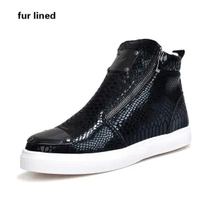 Winter Shoes Men Fashion Bling High Top Zipper Men Sneakers Height Increasing PU Leather Fur Lined Cotton Men Shoes Size 39-44